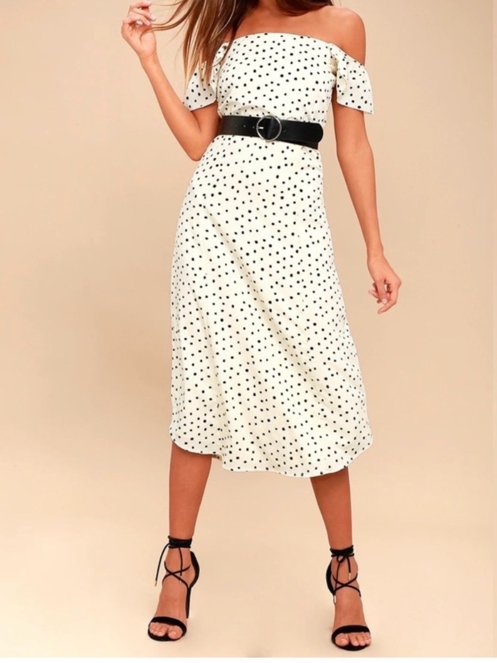 Amuse Society Off-Shoulder White Polka Dot Midi Skirt